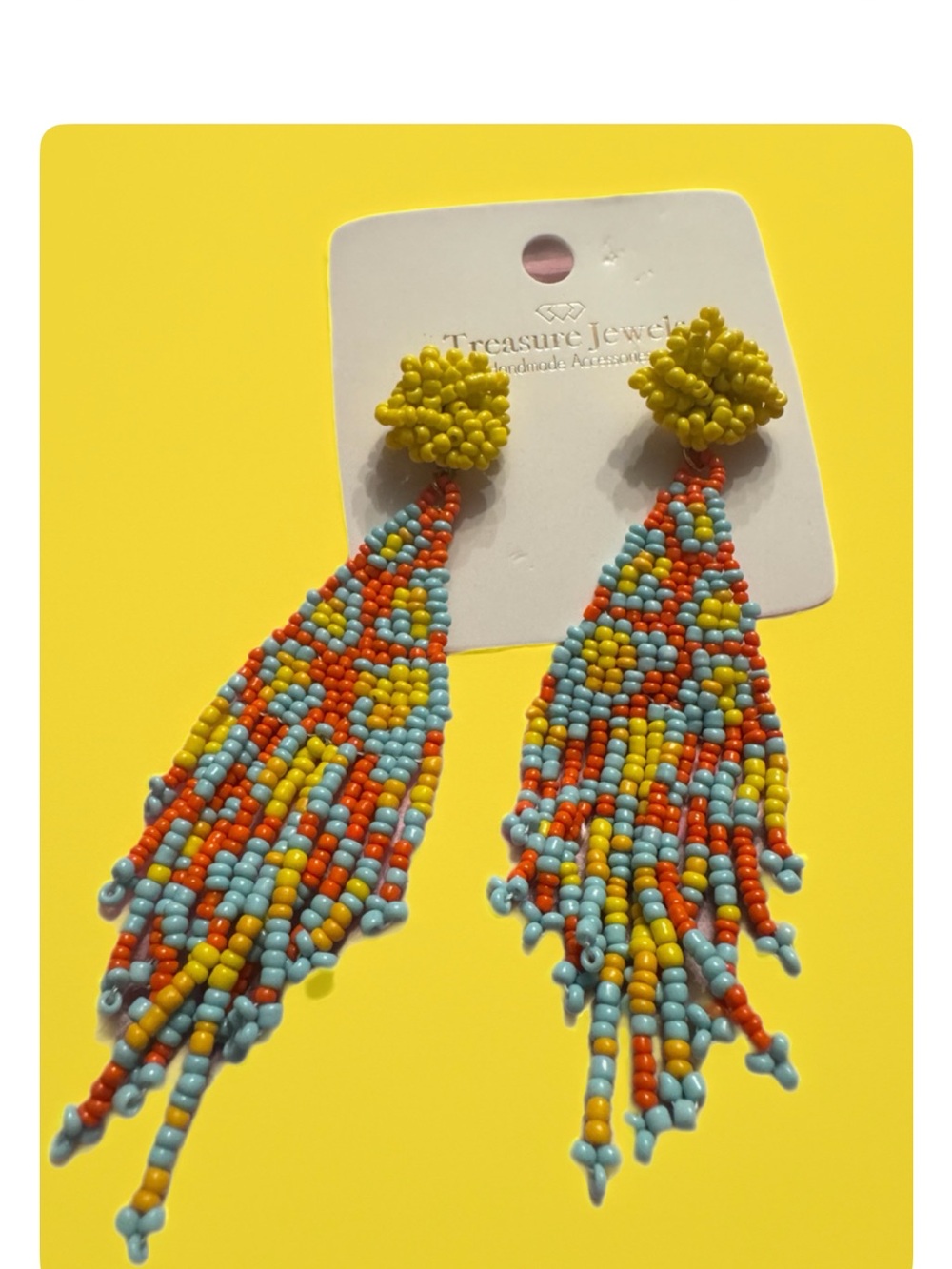 Treasure Jewel Multicolor Beaded Fringe Earrings - Yellow, Blue & Orange